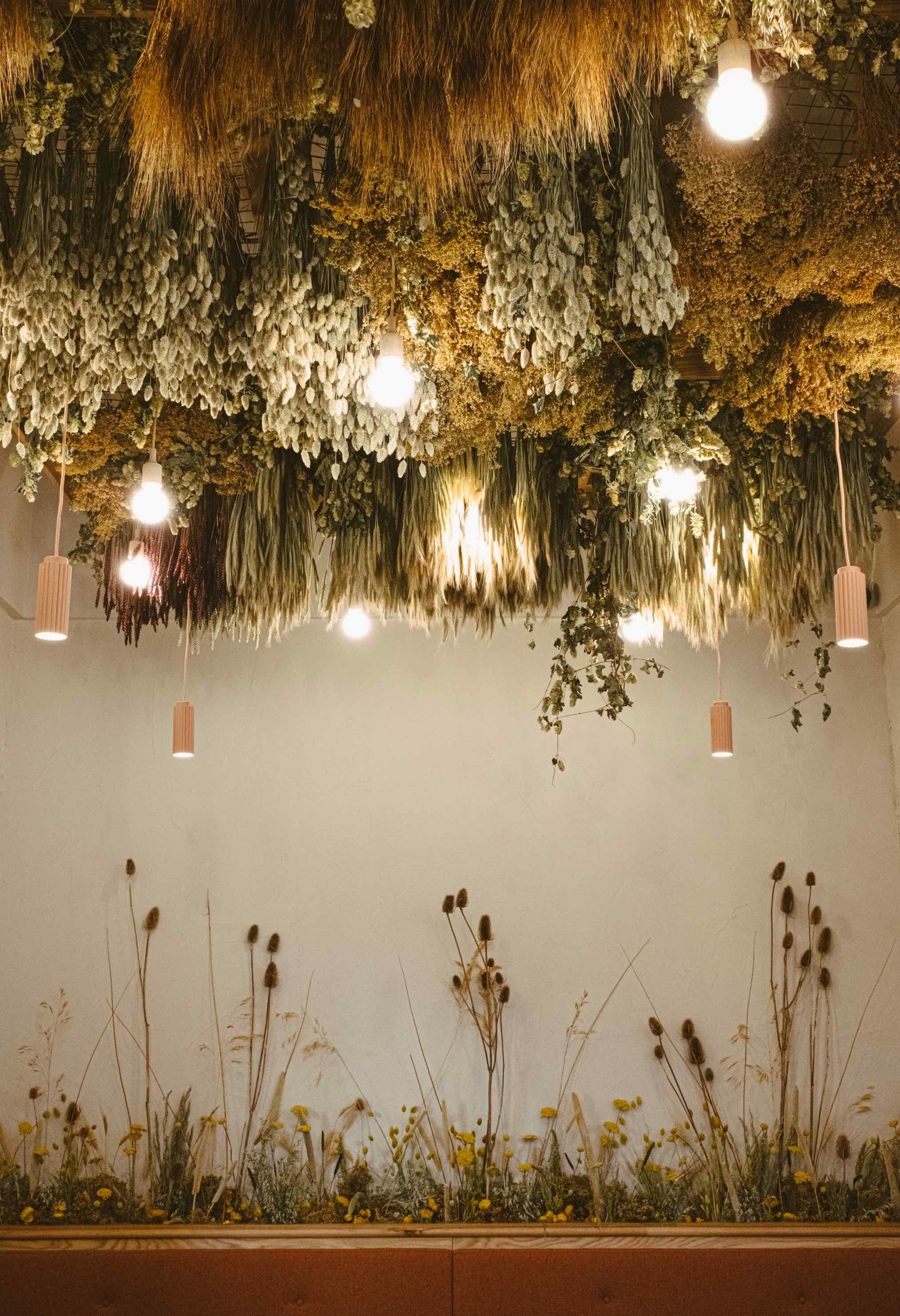 Dried foliage trained across the walls and ceiling of the dining room at Hendersons